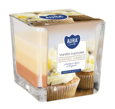 Trojfarebná vonná sviečka v skle - Vanilla Cupcake