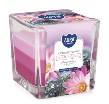 Trojfarebná vonná sviečka v skle - kaktusový kvet